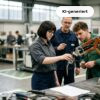 Technikerin mit Brille und dunklem Bob steht neben einem Schweißroboter in einer Werkstatt, zwei Kollegen beobachten die Anlage im Hintergrund.