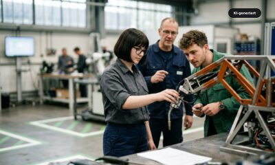Technikerin mit Brille und dunklem Bob steht neben einem Schweißroboter in einer Werkstatt, zwei Kollegen beobachten die Anlage im Hintergrund.