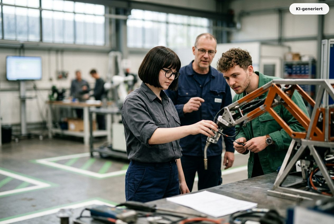 Technikerin mit Brille und dunklem Bob steht neben einem Schweißroboter in einer Werkstatt, zwei Kollegen beobachten die Anlage im Hintergrund.
